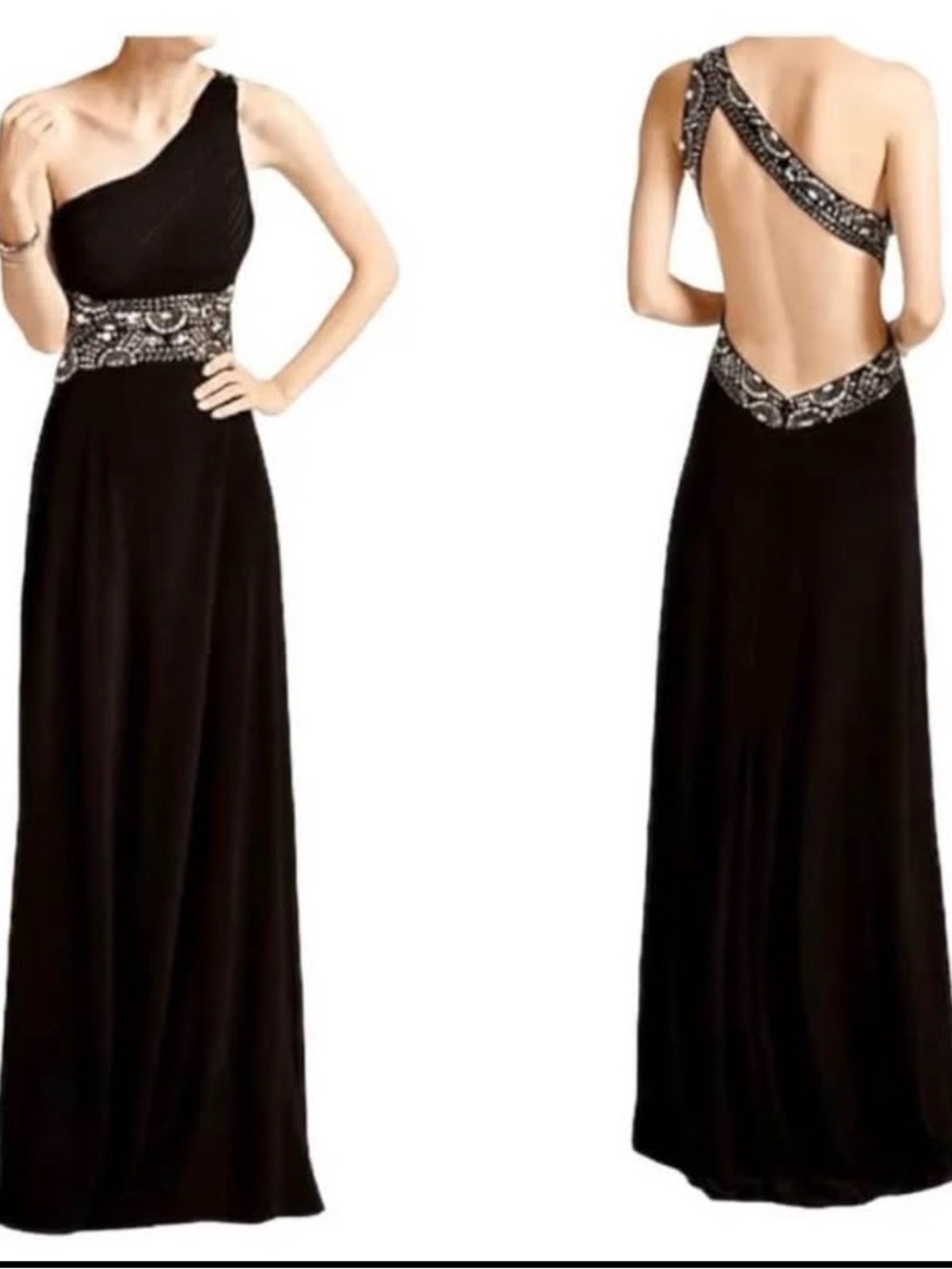 Black One-Shoulder Evening Gown with Embellished Waist